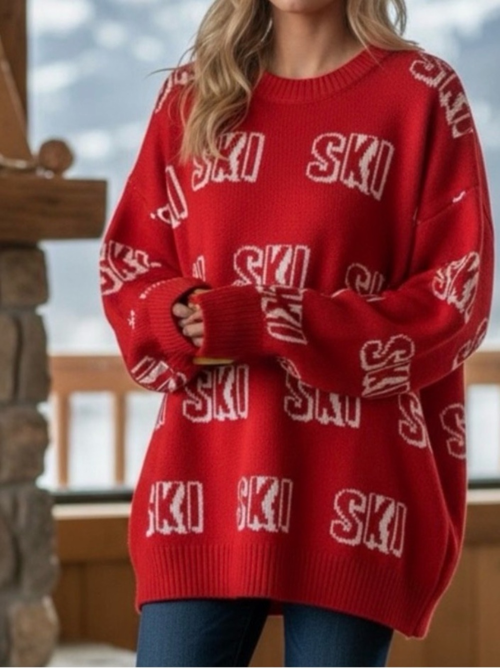 Cece Red SKI Crewneck Sweater - Women's Cozy Winter Pullover Size L